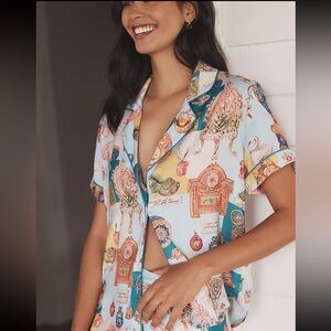Anthropology LyreBird Short-Sleeve Silky Printed PJ Top.